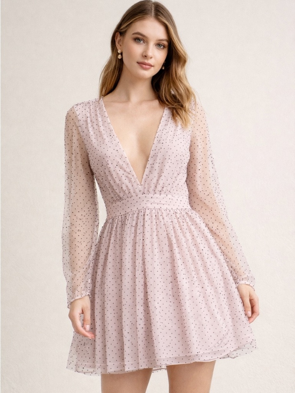 Chic Pink Sheer Overlay & Sleeve Deep V Neck Midi Dress